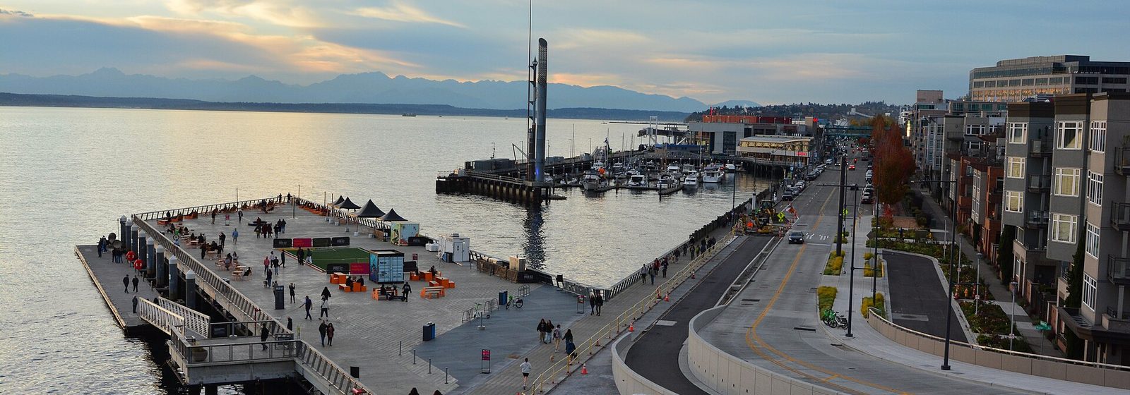 Elevated wide view of Pier 62 on Elliott Bay along the Central Waterfront in Seattle, Washington, seen from the Overlook Walk - Pier 62/63 tickets